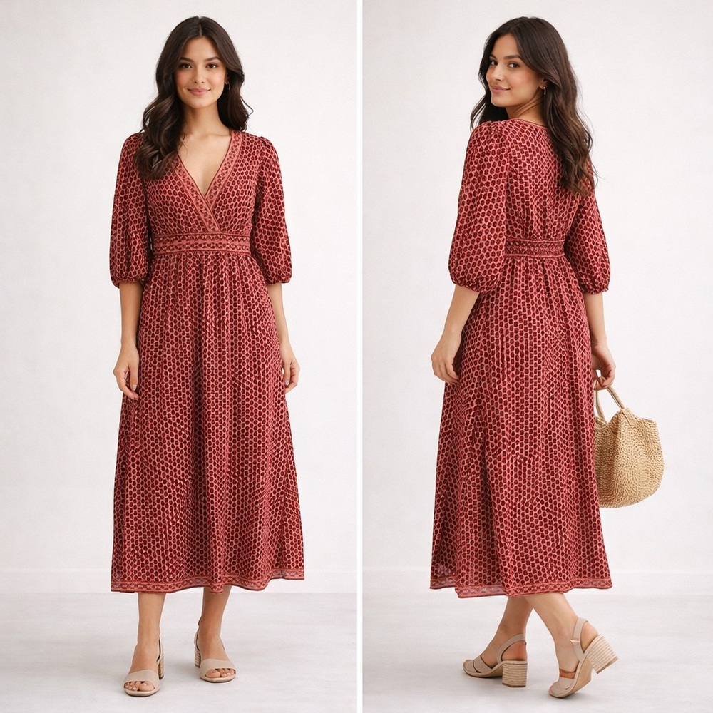 Max Studio NWT Surplice V-Neck Maxi Dress Burgundy Print Women’s